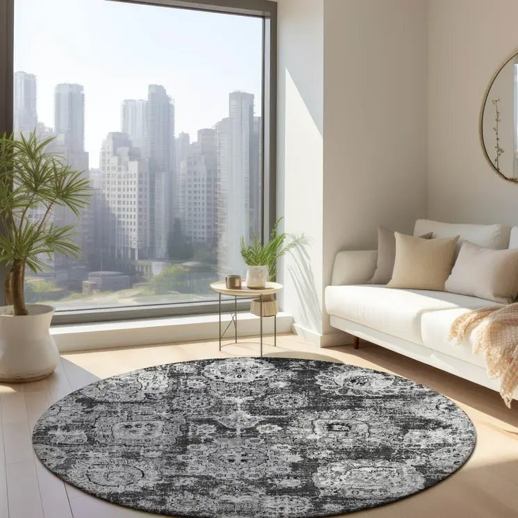 8' Gray Charcoal And Silver Round Floral Washable Indoor Outdoor Area Rug