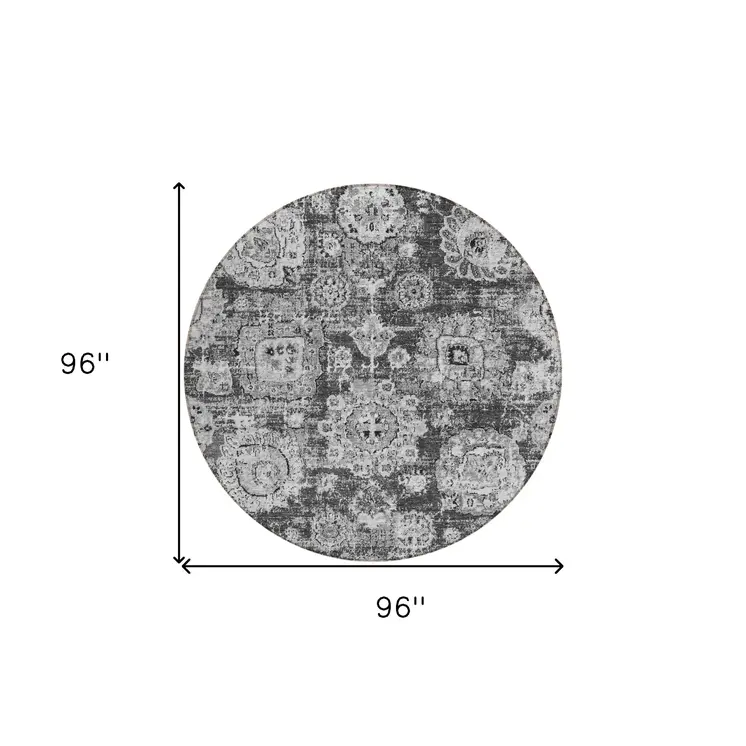 8' Gray Charcoal And Silver Round Floral Washable Indoor Outdoor Area Rug