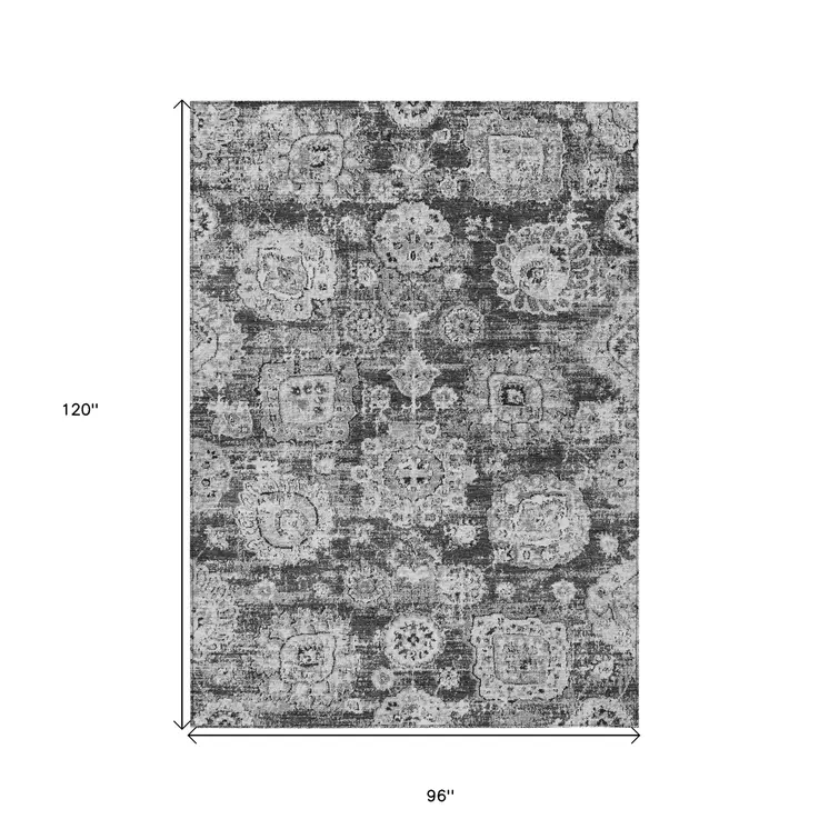 8' X 10' Gray Charcoal And Silver Floral Washable Indoor Outdoor Area Rug