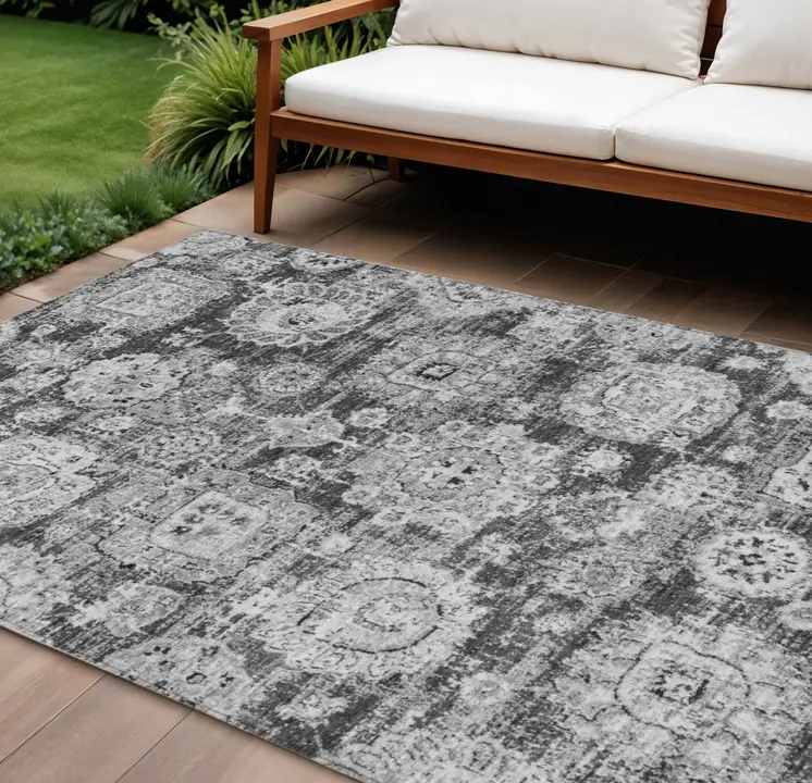 8' X 10' Gray Charcoal And Silver Floral Washable Indoor Outdoor Area Rug