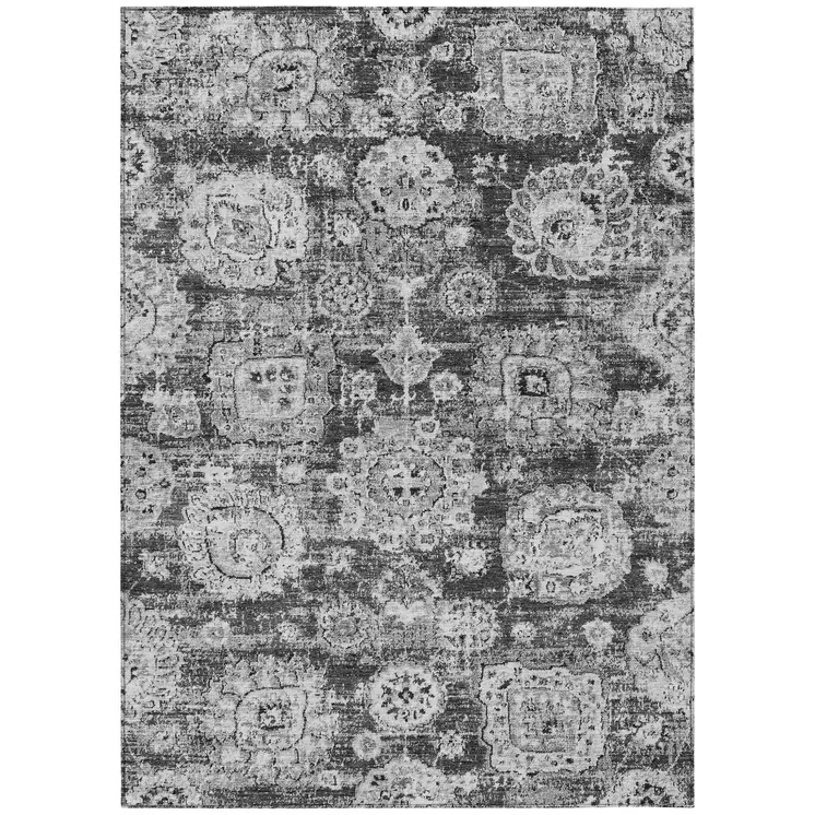 10' X 14' Gray Charcoal And Silver Floral Washable Indoor Outdoor Area Rug