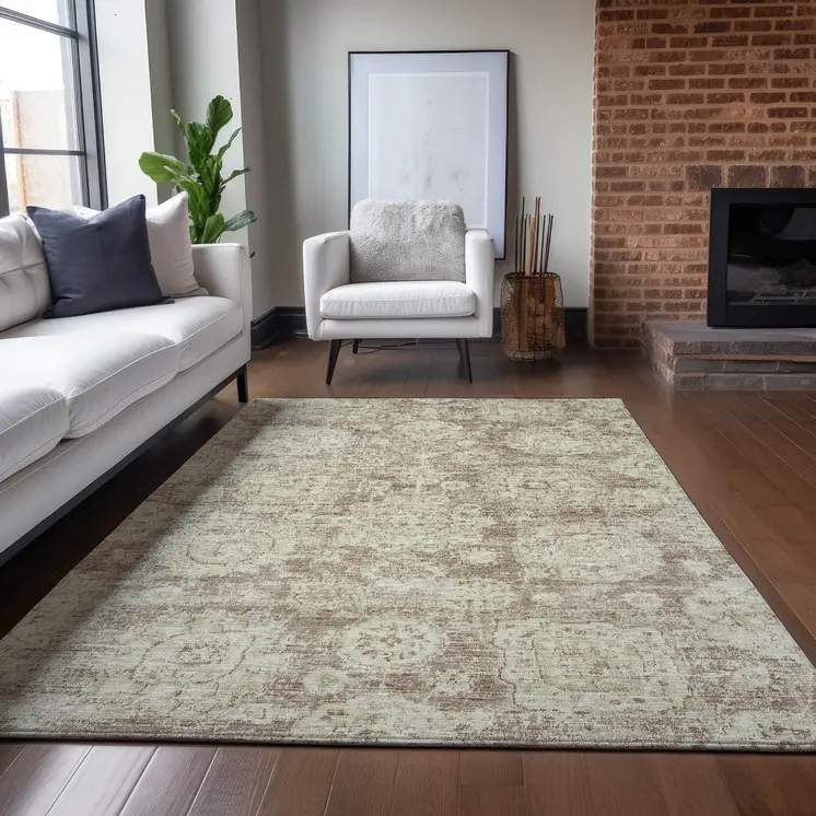 3' X 5' Brown Tan And Beige Floral Washable Indoor Outdoor Area Rug