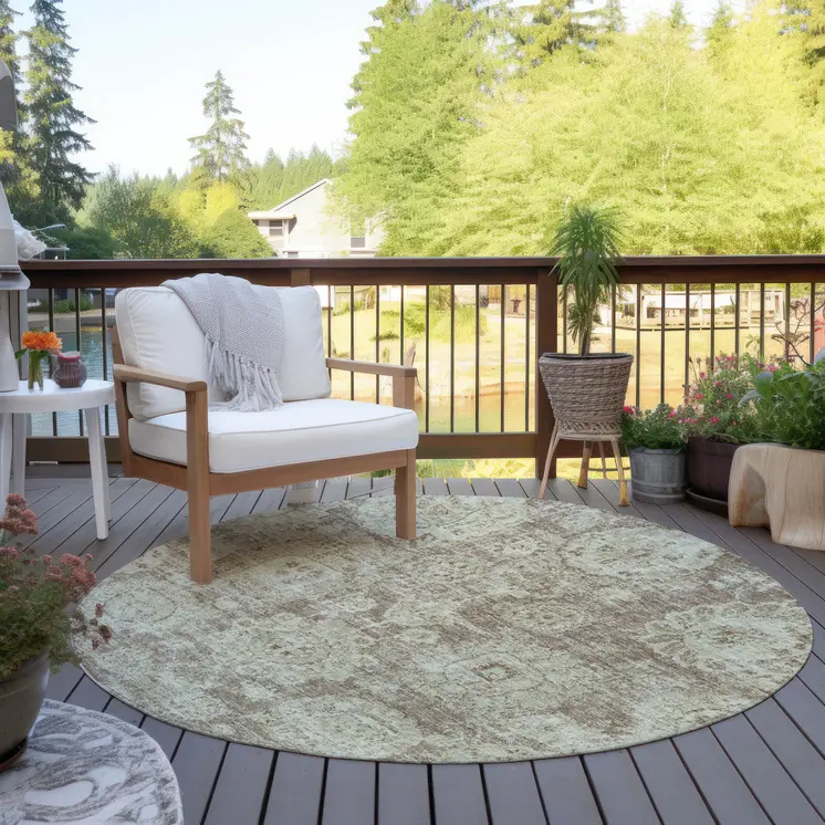 8' Brown Tan And Beige Round Floral Washable Indoor Outdoor Area Rug