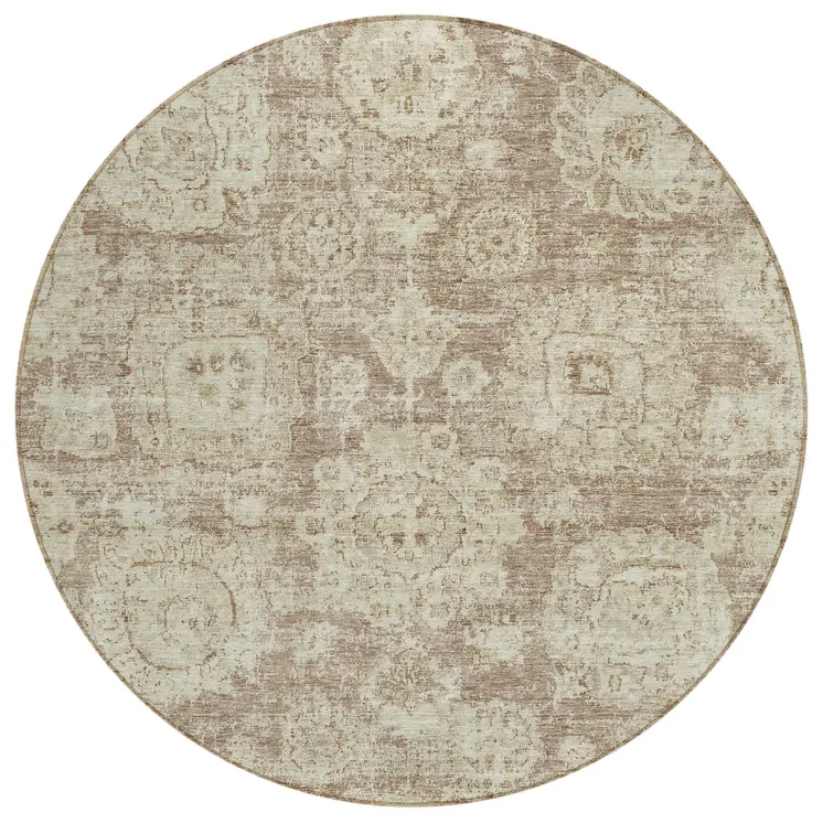 8' Brown Tan And Beige Round Floral Washable Indoor Outdoor Area Rug