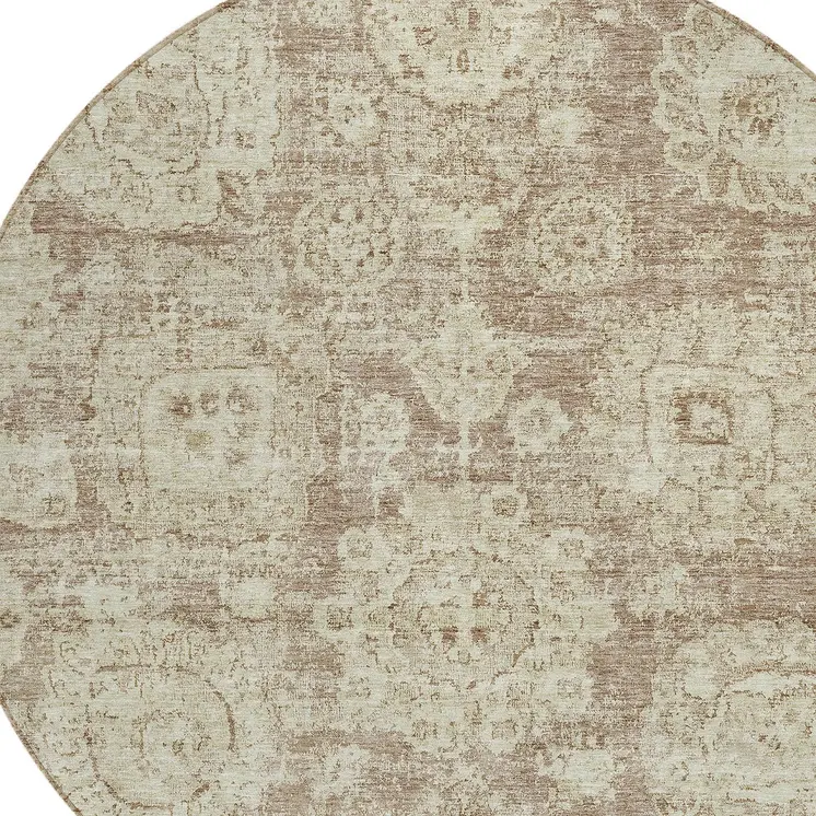 8' Brown Tan And Beige Round Floral Washable Indoor Outdoor Area Rug