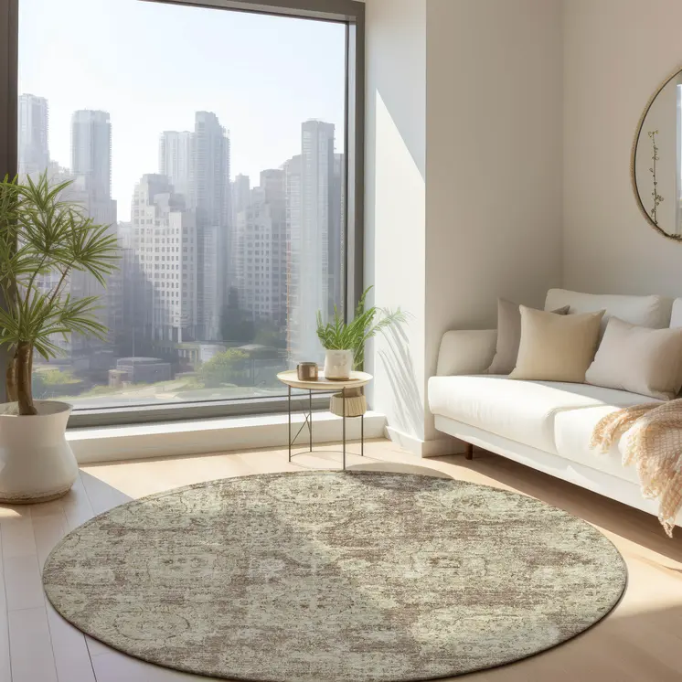 8' Brown Tan And Beige Round Floral Washable Indoor Outdoor Area Rug
