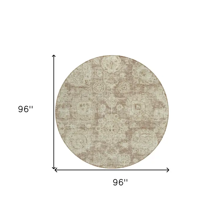 8' Brown Tan And Beige Round Floral Washable Indoor Outdoor Area Rug
