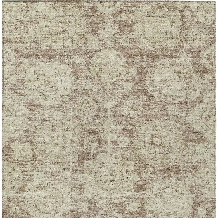 8' X 10' Brown Tan And Beige Floral Washable Indoor Outdoor Area Rug