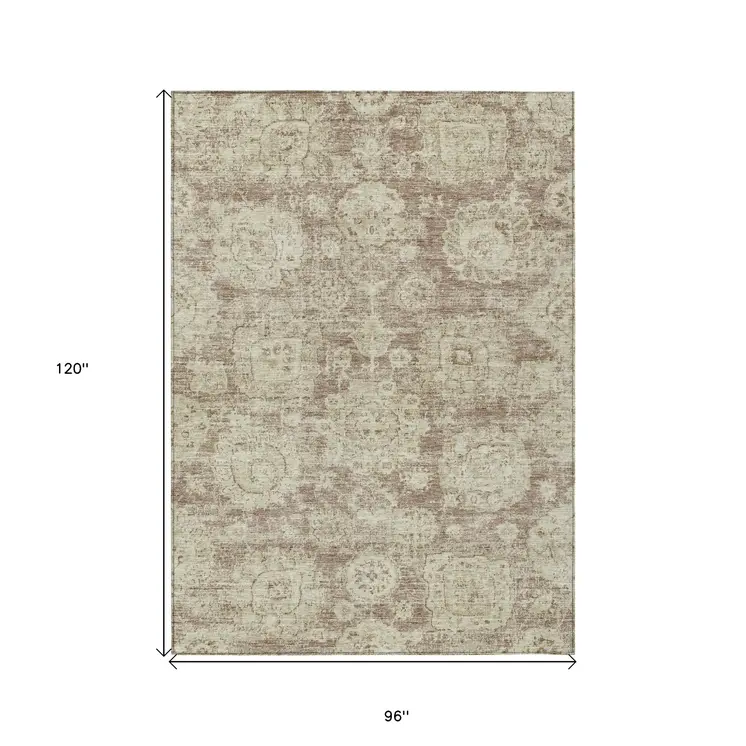 8' X 10' Brown Tan And Beige Floral Washable Indoor Outdoor Area Rug