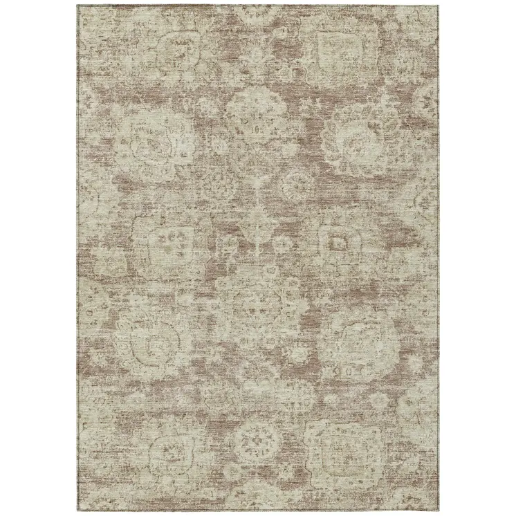8' X 10' Brown Tan And Beige Floral Washable Indoor Outdoor Area Rug