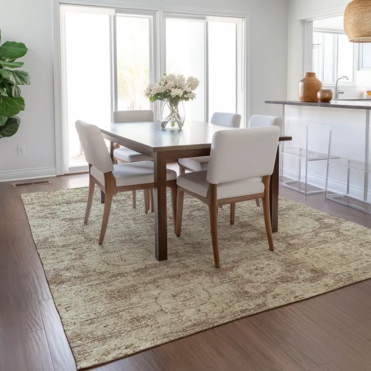 8' X 10' Brown Tan And Beige Floral Washable Indoor Outdoor Area Rug
