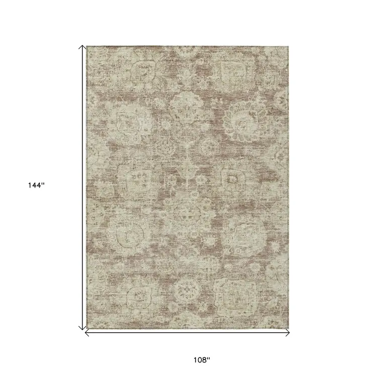 9' X 12' Brown Tan And Beige Floral Washable Indoor Outdoor Area Rug