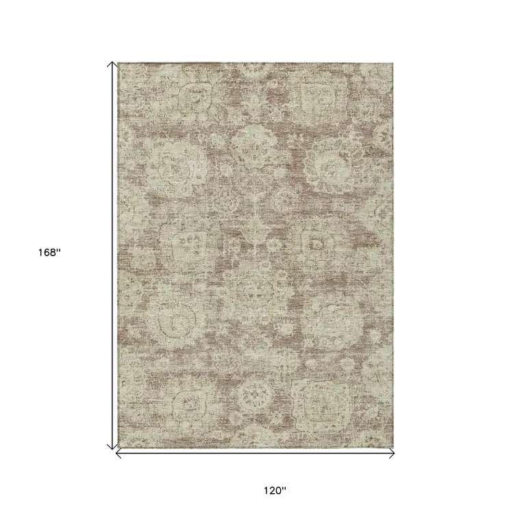 10' X 14' Brown Tan And Beige Floral Washable Indoor Outdoor Area Rug