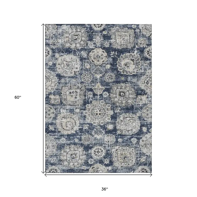 3' X 5' Navy Blue And Gray Floral Washable Indoor Outdoor Area Rug