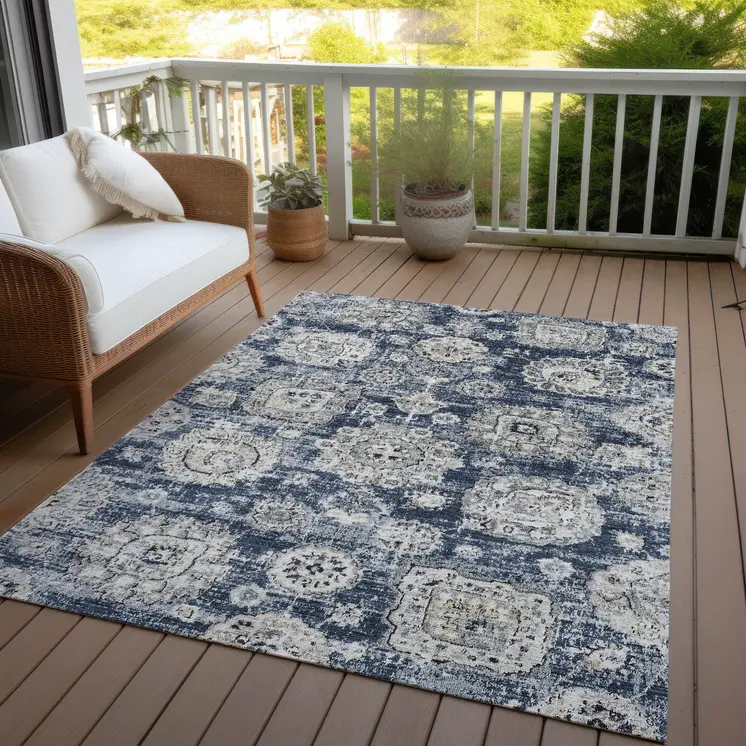 3' X 5' Navy Blue And Gray Floral Washable Indoor Outdoor Area Rug