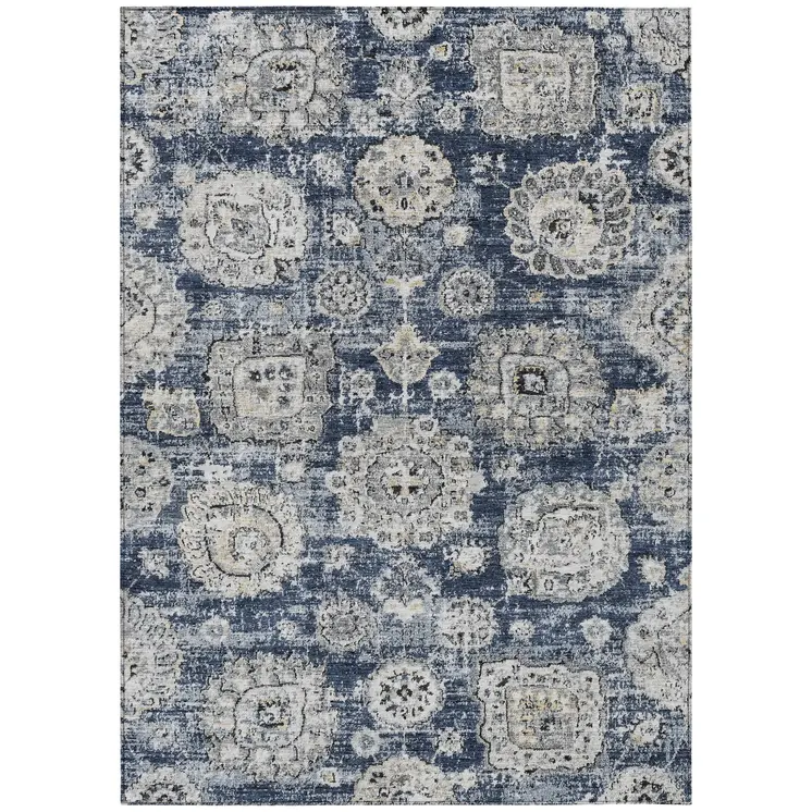 3' X 5' Navy Blue And Gray Floral Washable Indoor Outdoor Area Rug