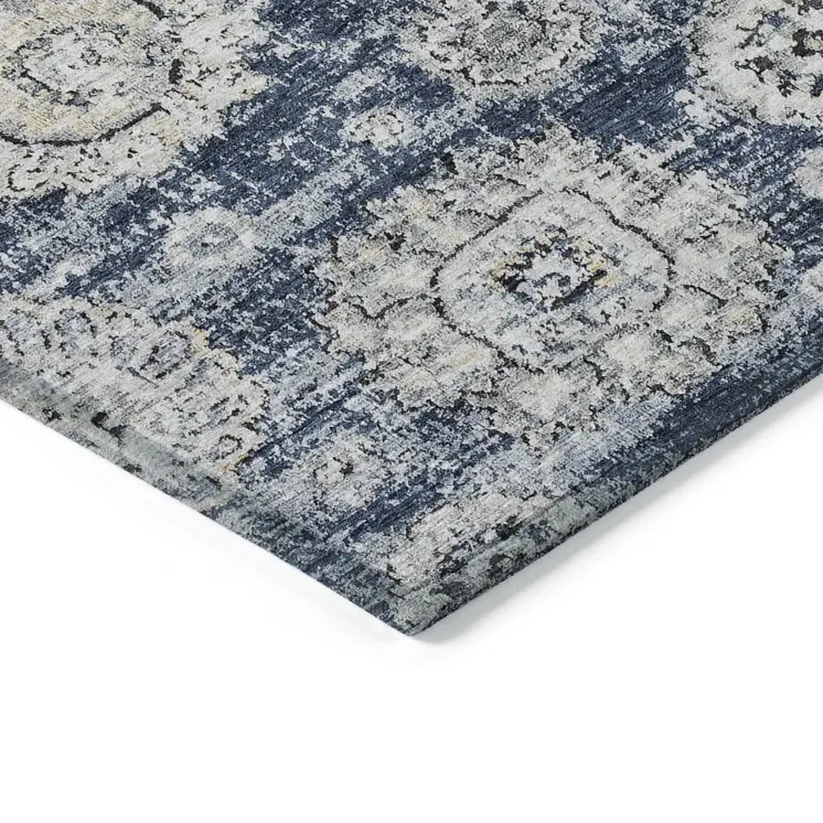 3' X 5' Navy Blue And Gray Floral Washable Indoor Outdoor Area Rug