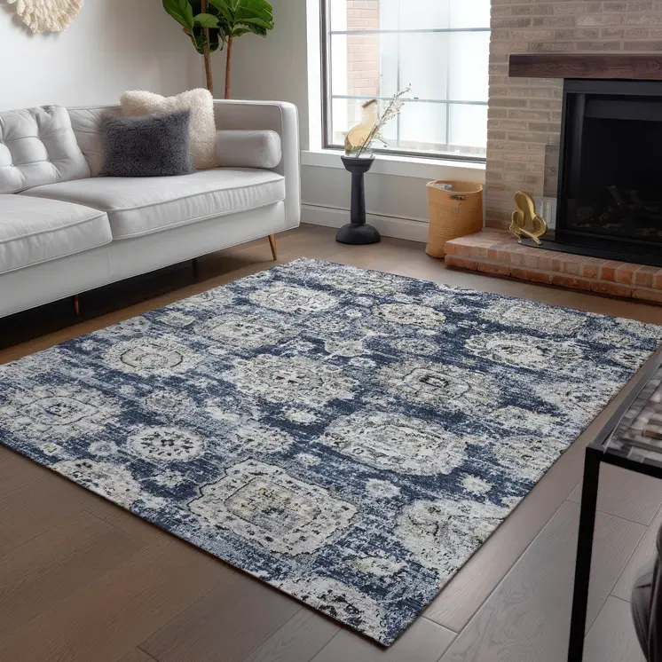 3' X 5' Navy Blue And Gray Floral Washable Indoor Outdoor Area Rug