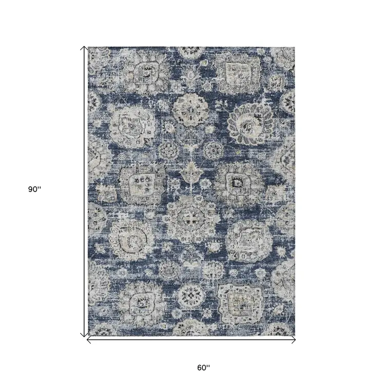 5' X 8' Navy Blue And Gray Floral Washable Indoor Outdoor Area Rug