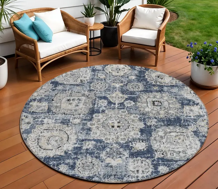 8' Navy Blue And Gray Round Floral Washable Indoor Outdoor Area Rug