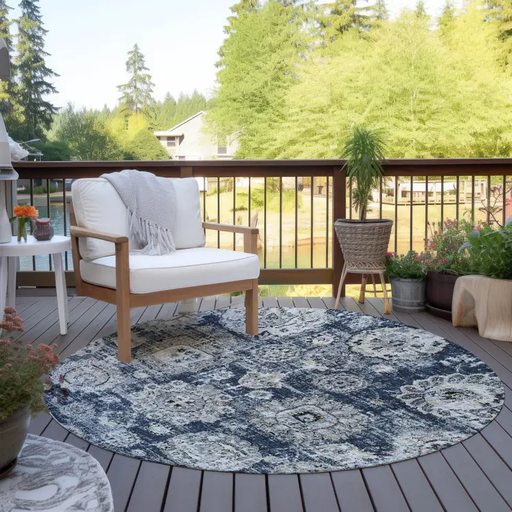 8' Navy Blue And Gray Round Floral Washable Indoor Outdoor Area Rug