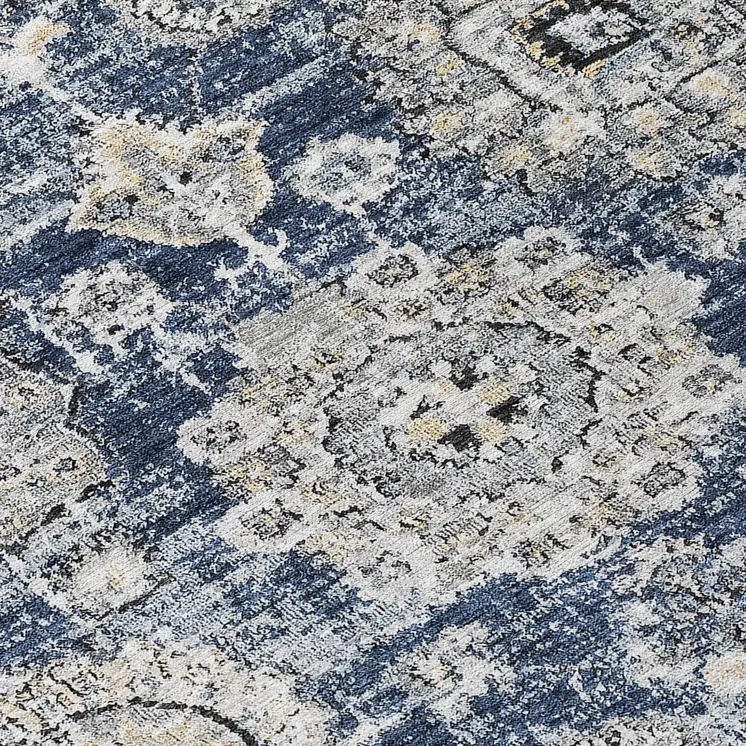 8' Navy Blue And Gray Round Floral Washable Indoor Outdoor Area Rug