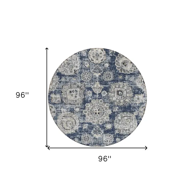 8' Navy Blue And Gray Round Floral Washable Indoor Outdoor Area Rug