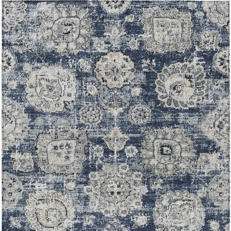 9' X 12' Navy Blue And Gray Floral Washable Indoor Outdoor Area Rug