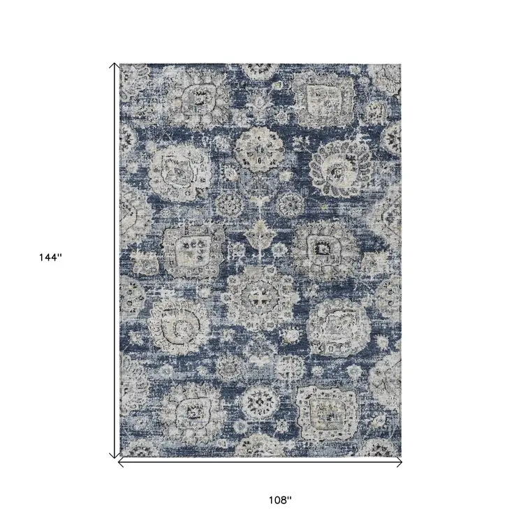 9' X 12' Navy Blue And Gray Floral Washable Indoor Outdoor Area Rug