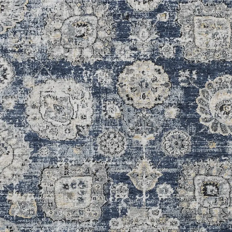 9' X 12' Navy Blue And Gray Floral Washable Indoor Outdoor Area Rug