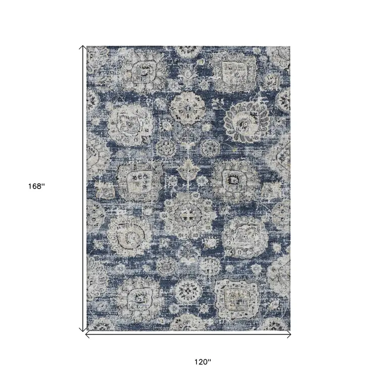 10' X 14' Navy Blue And Gray Floral Washable Indoor Outdoor Area Rug