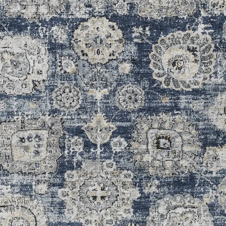 10' X 14' Navy Blue And Gray Floral Washable Indoor Outdoor Area Rug