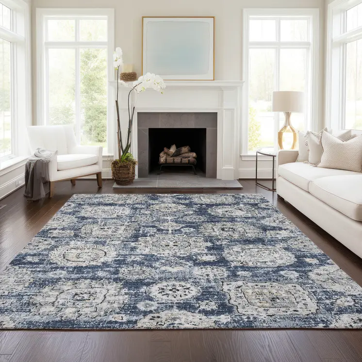10' X 14' Navy Blue And Gray Floral Washable Indoor Outdoor Area Rug
