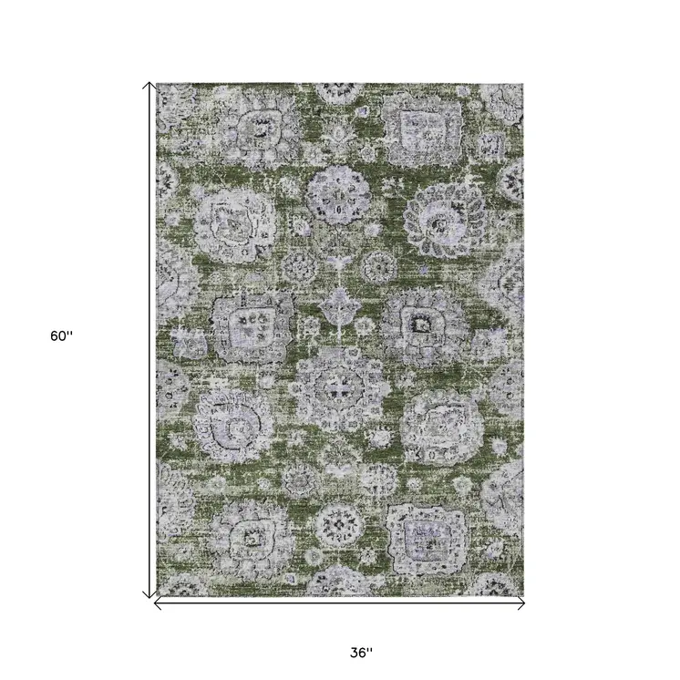 3' X 5' Olive Green And Gray Floral Washable Indoor Outdoor Area Rug