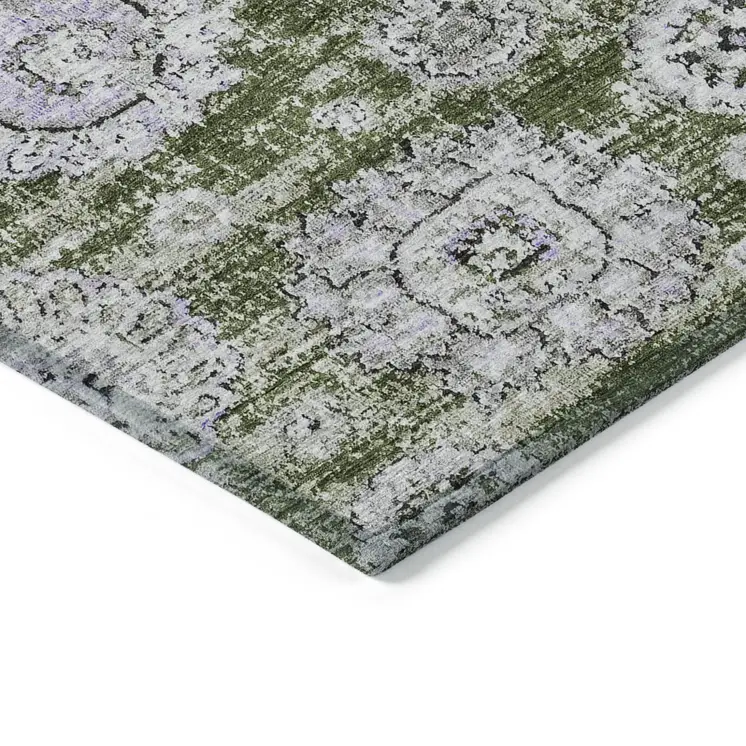 3' X 5' Olive Green And Gray Floral Washable Indoor Outdoor Area Rug