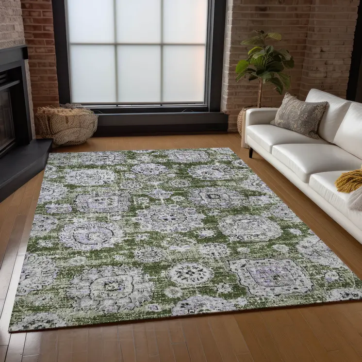 3' X 5' Olive Green And Gray Floral Washable Indoor Outdoor Area Rug