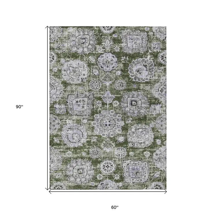 5' X 8' Olive Green And Gray Floral Washable Indoor Outdoor Area Rug