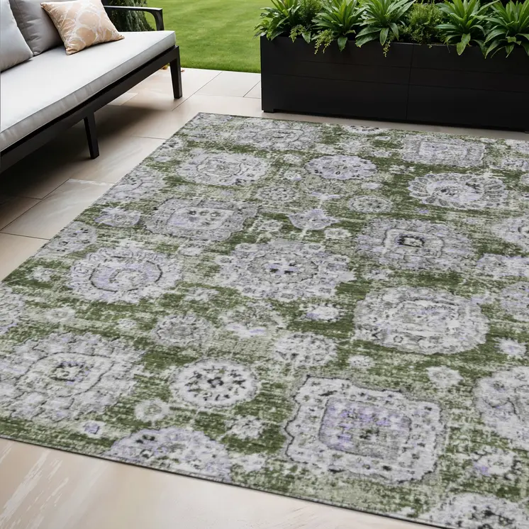 5' X 8' Olive Green And Gray Floral Washable Indoor Outdoor Area Rug