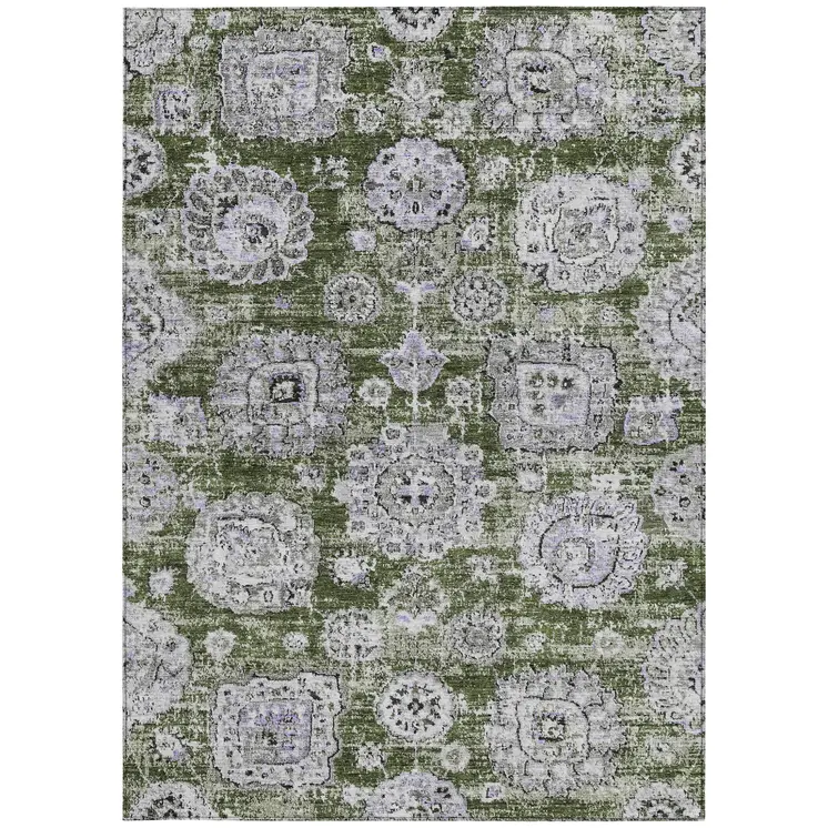 5' X 8' Olive Green And Gray Floral Washable Indoor Outdoor Area Rug