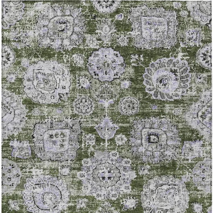 9' X 12' Olive Green And Gray Floral Washable Indoor Outdoor Area Rug