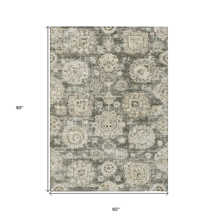 5' X 8' Taupe Beige And Gray Floral Washable Indoor Outdoor Area Rug