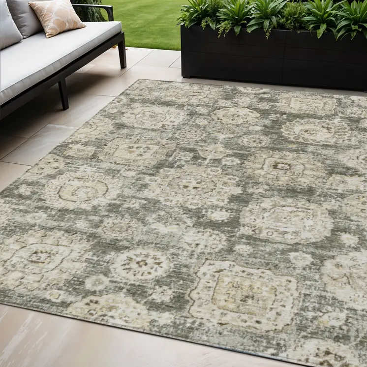 5' X 8' Taupe Beige And Gray Floral Washable Indoor Outdoor Area Rug