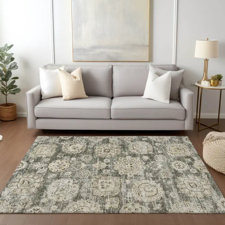 5' X 8' Taupe Beige And Gray Floral Washable Indoor Outdoor Area Rug
