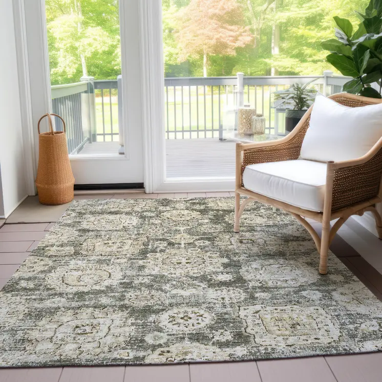 5' X 8' Taupe Beige And Gray Floral Washable Indoor Outdoor Area Rug