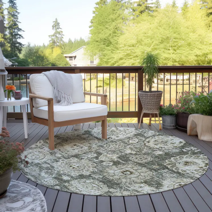 8' Taupe Beige And Gray Round Floral Washable Indoor Outdoor Area Rug