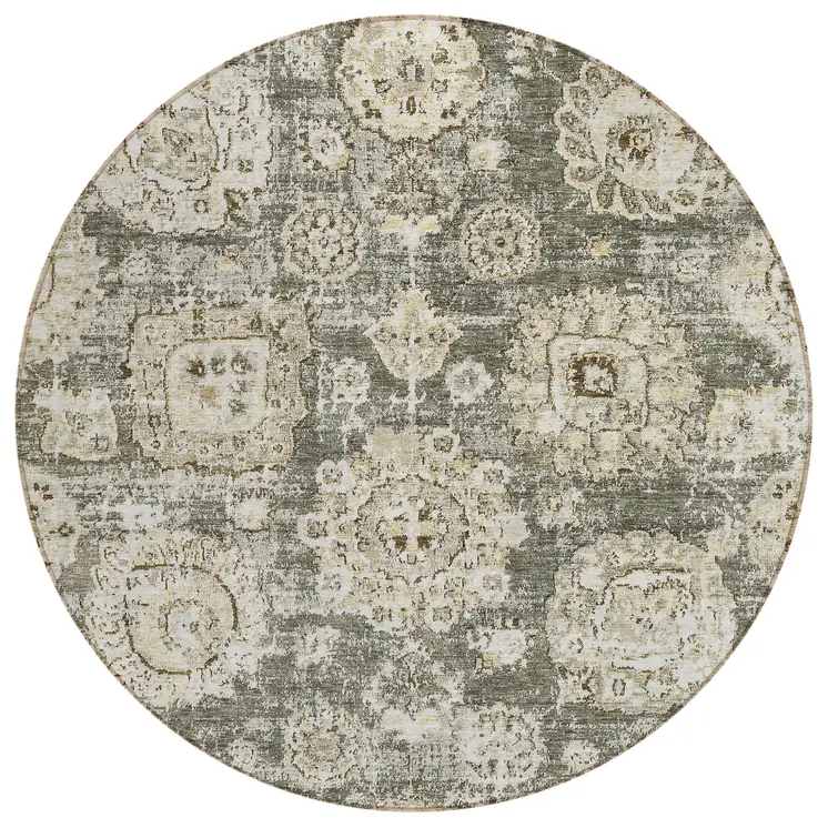 8' Taupe Beige And Gray Round Floral Washable Indoor Outdoor Area Rug
