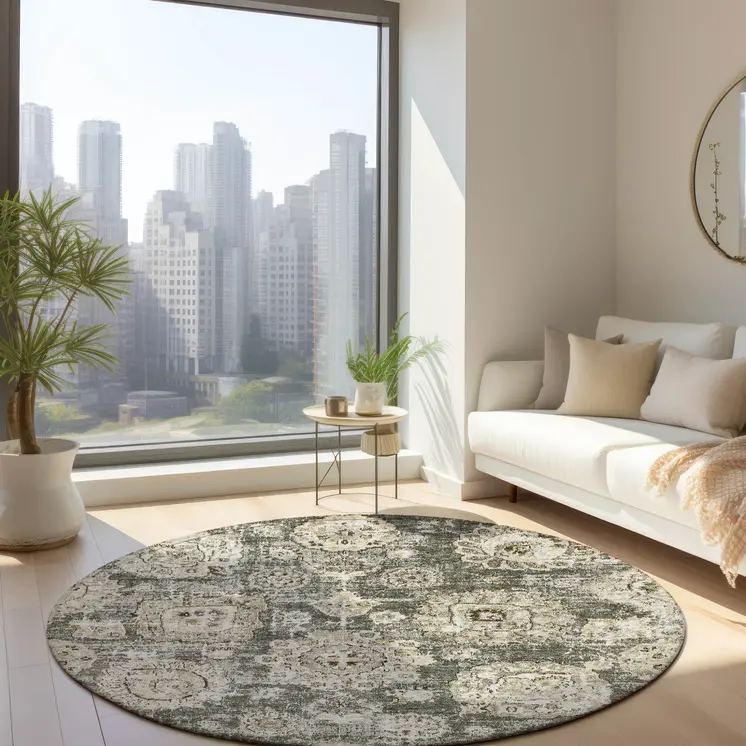 8' Taupe Beige And Gray Round Floral Washable Indoor Outdoor Area Rug