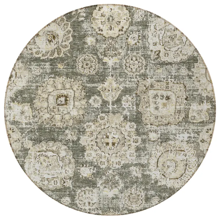 8' Taupe Beige And Gray Round Floral Washable Indoor Outdoor Area Rug