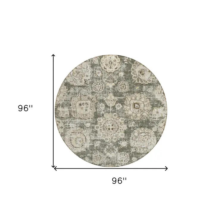 8' Taupe Beige And Gray Round Floral Washable Indoor Outdoor Area Rug