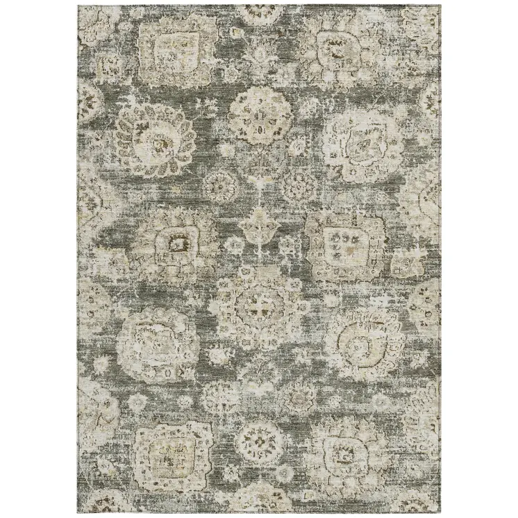 10' X 14' Taupe Beige And Gray Floral Washable Indoor Outdoor Area Rug